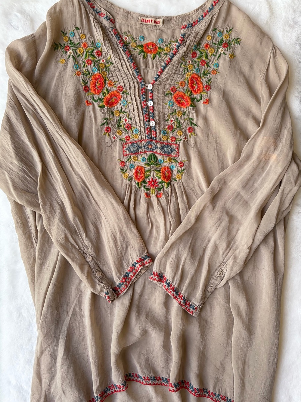 Embroidered Beige Boho Peasant Top with Floral Detail